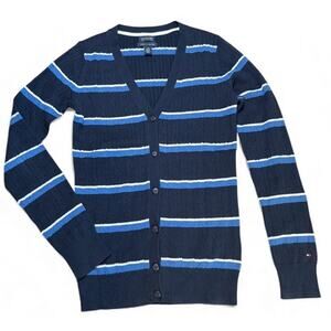 Tommy Hilfiger Cable Knit V-Neck Cardigan Sweater XS Navy Blue Preppy Academia